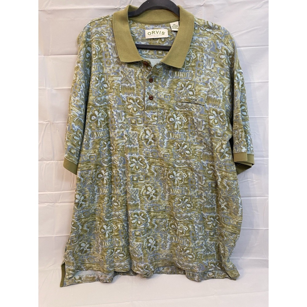 Orvis Mens Short Sleeve‎ Polo Size XXL Hawaiian Tiki Colors Green Blue